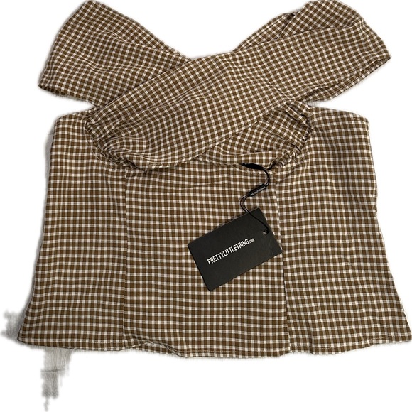 Pretty Little Thing Brown Woven Check Print Cross Over Zip Top Size 18 NWT - Picture 2 of 7